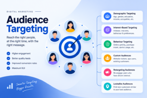 Audience targeting strategies for digital marketing, showing demographic, interest-based, behaviour, custom, retargeting, and lookalike audiences.