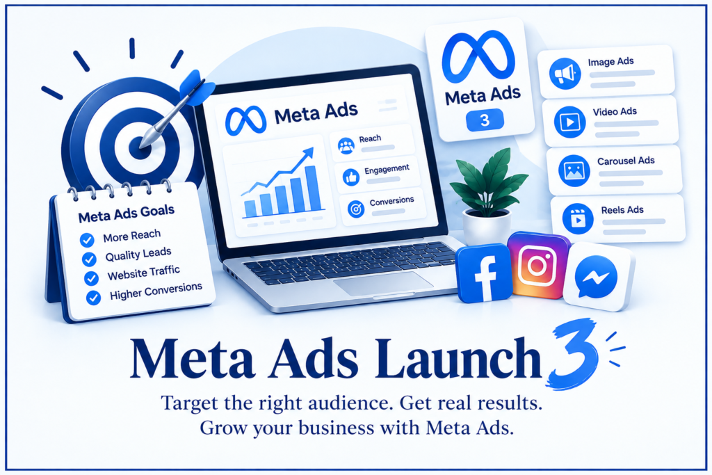 Meta Ads Launch 3 campaign with targeted audience, ad formats, analytics, leads, and conversions for business growth