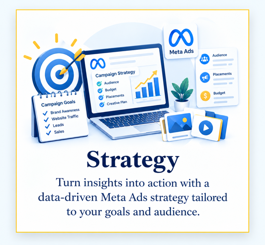 Meta Ads strategy illustration featuring a laptop with a campaign strategy dashboard, target audience, budget planning, campaign goals, and creative assets.