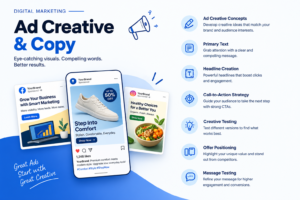 Ad creative and copy strategy infographic showing ad creative concepts, primary text, headline creation, call-to-action strategy, creative testing, offer positioning, and message testing.