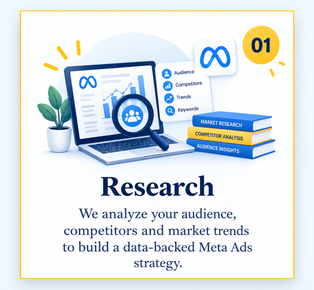 Meta Ads research process illustration featuring a laptop with analytics, a magnifying glass, audience insights, competitor analysis, and market research books.