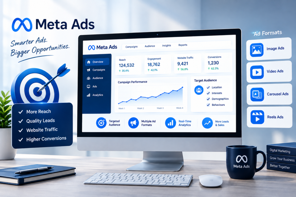 Meta Ads monitor displaying campaign analytics, audience targeting, ad formats, reach, leads, and conversions