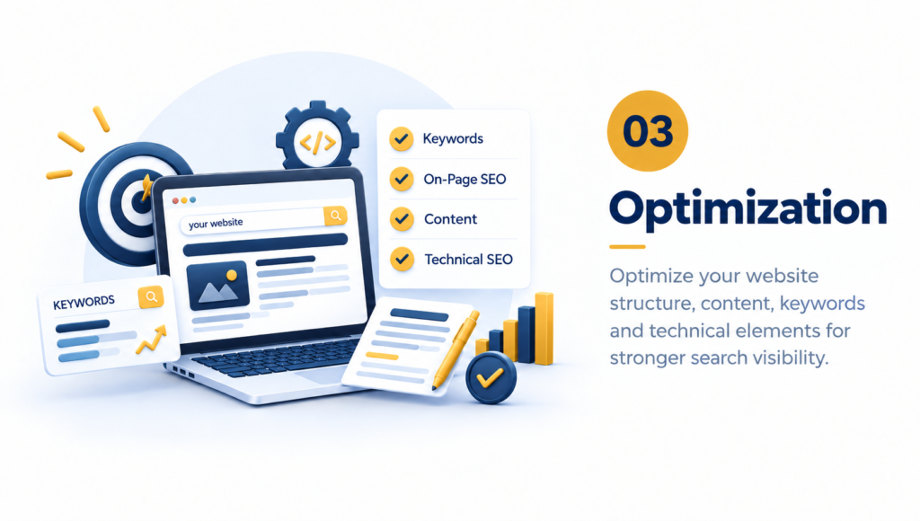 SEO optimization website with keywords, on-page SEO, content and technical SEO